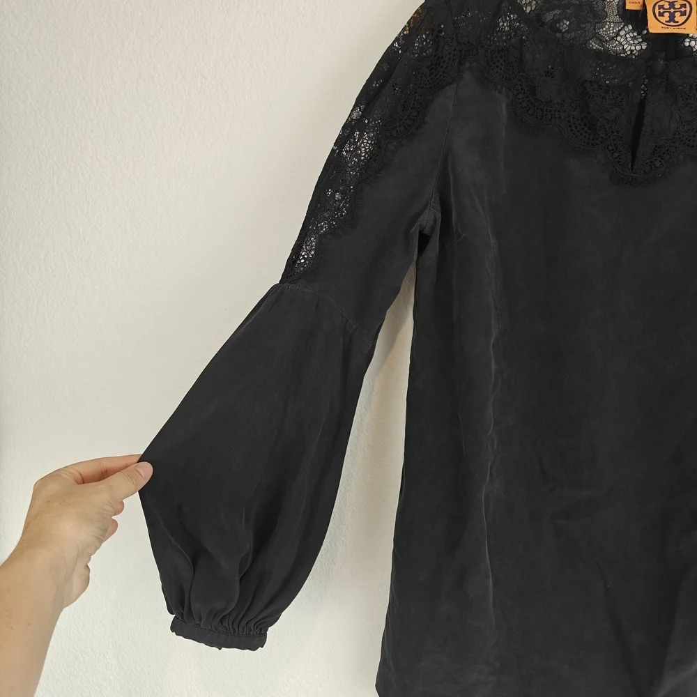 Tory Burch Black Silk Lantern Sleeve Blouse | Lace Neckline Romantic Boho Top 6